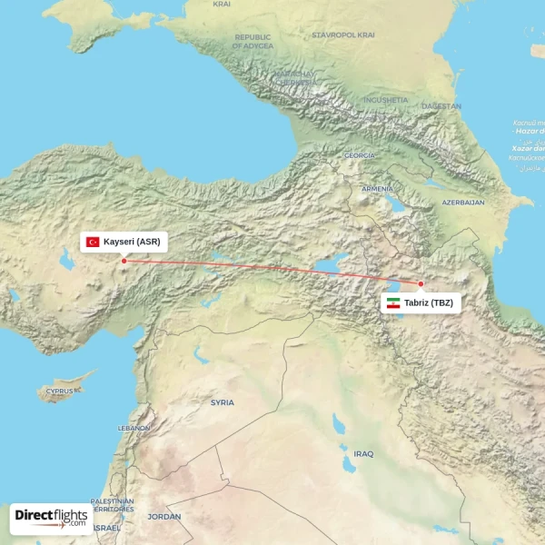 Tabriz - Kayseri direct flight map