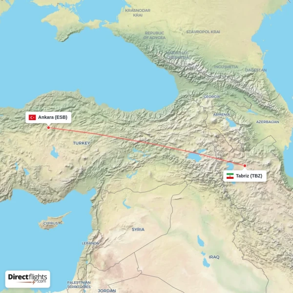 Tabriz - Ankara direct flight map
