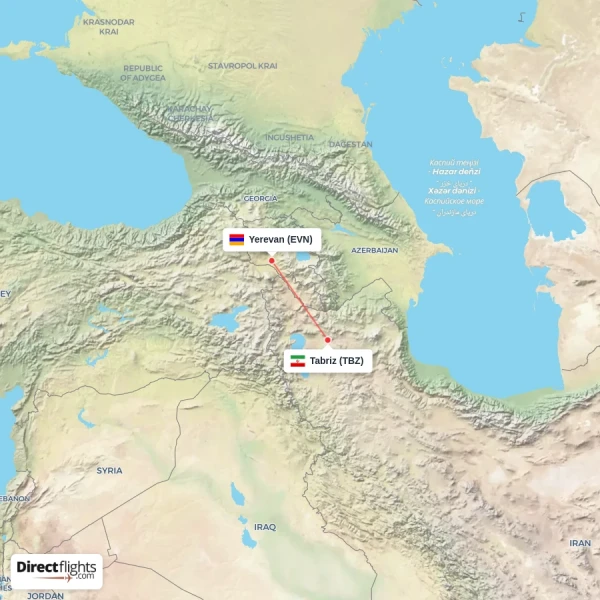 Tabriz - Yerevan direct flight map
