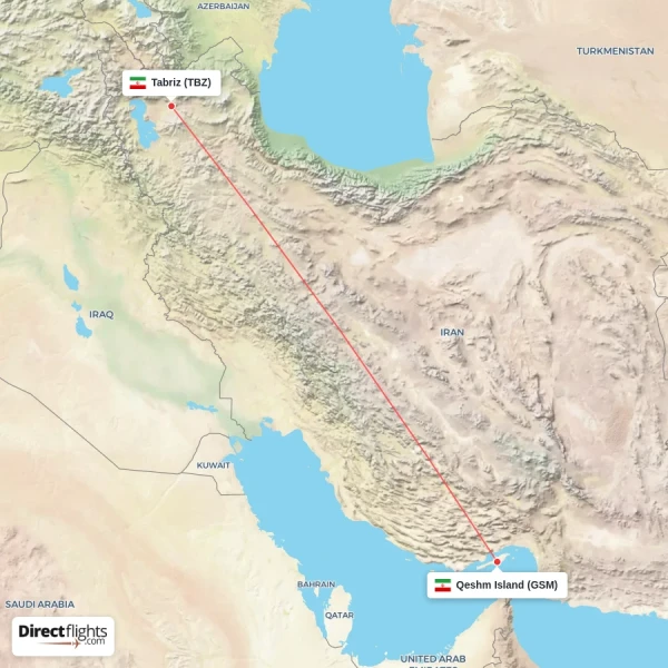 Tabriz - Qeshm Island direct flight map
