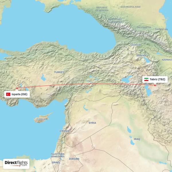 Tabriz - Isparta direct flight map