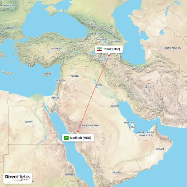 Tabriz - Madinah direct flight map