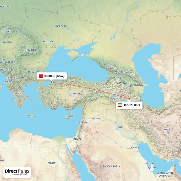 Tabriz - Istanbul direct flight map