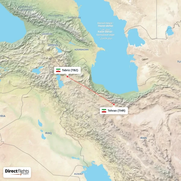 Tabriz - Tehran direct flight map