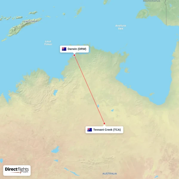 Tennant Creek - Darwin direct flight map