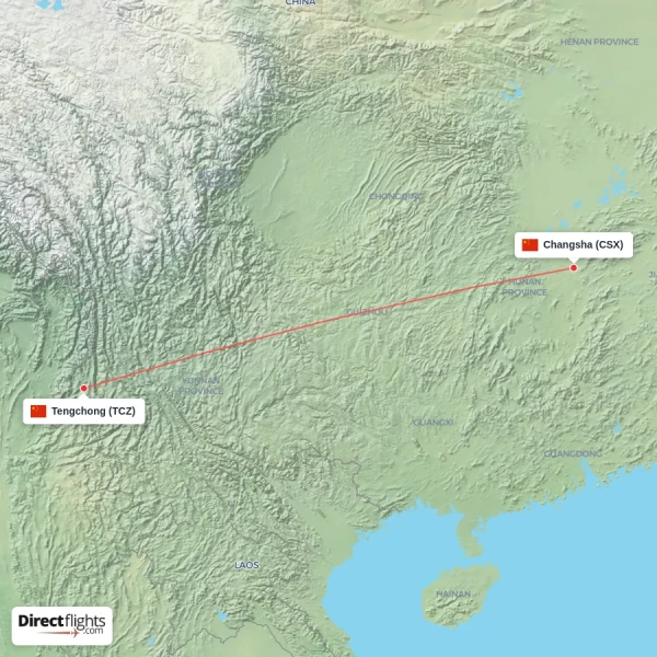 Tengchong - Changsha direct flight map