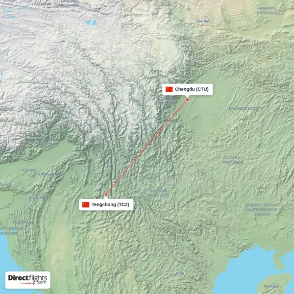 Tengchong - Chengdu direct flight map