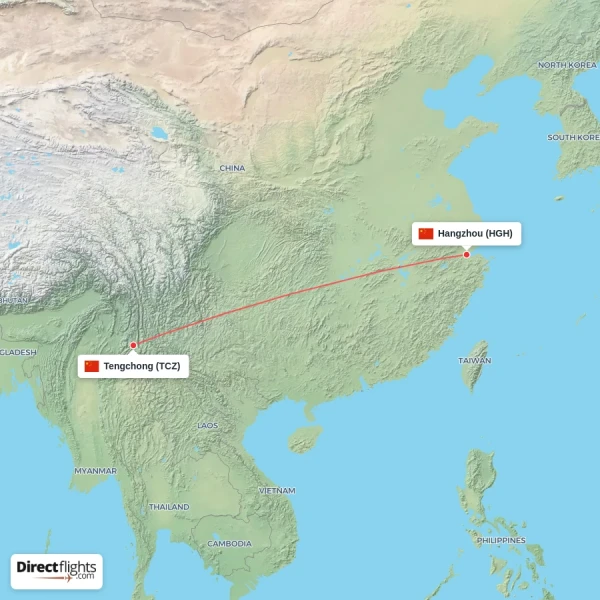 Tengchong - Hangzhou direct flight map
