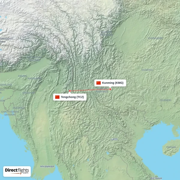 Tengchong - Kunming direct flight map