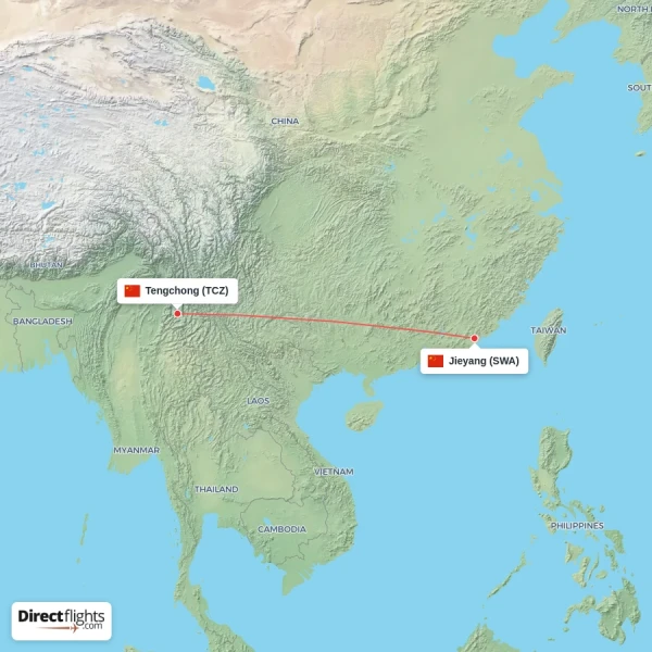 Tengchong - Jieyang direct flight map
