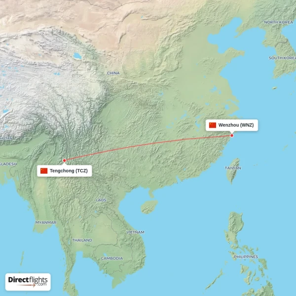 Tengchong - Wenzhou direct flight map