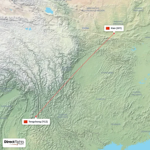 Tengchong - Xian direct flight map