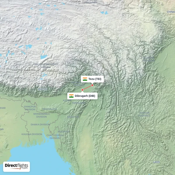 Tezu - Dibrugarh direct flight map