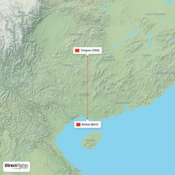 Tongren - Beihai direct flight map