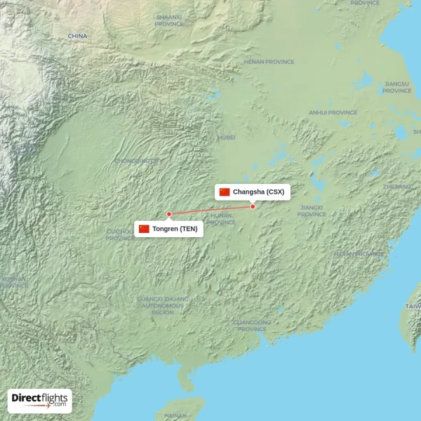 Tongren - Changsha direct flight map