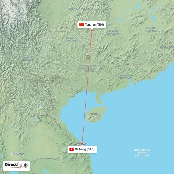 Tongren - Da Nang direct flight map