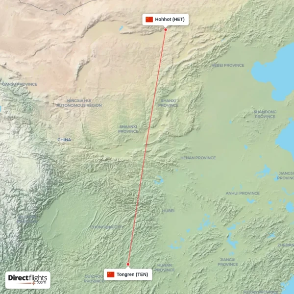 Tongren - Hohhot direct flight map