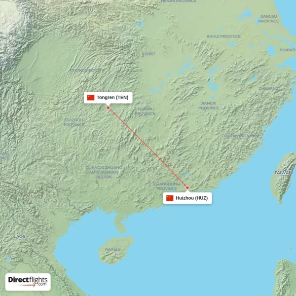 Tongren - Huizhou direct flight map