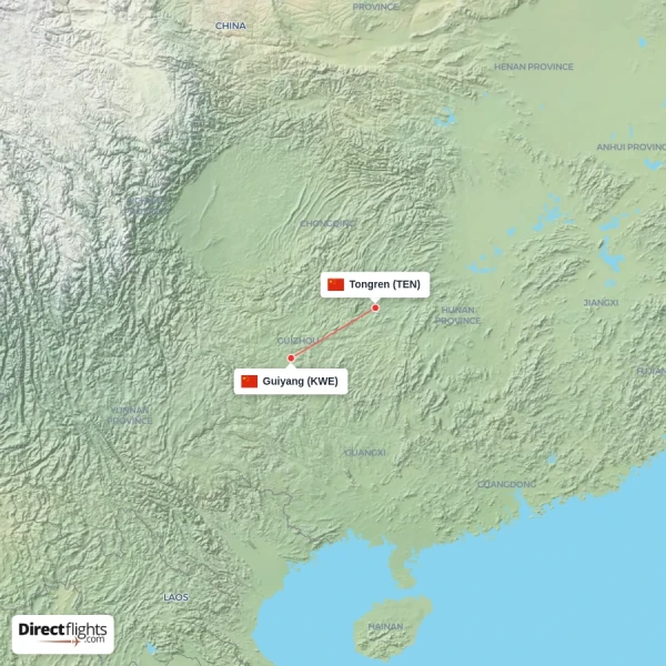 Tongren - Guiyang direct flight map