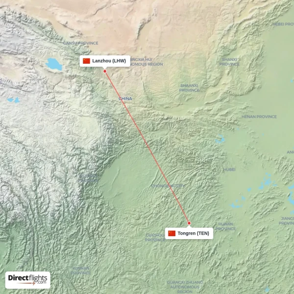 Tongren - Lanzhou direct flight map