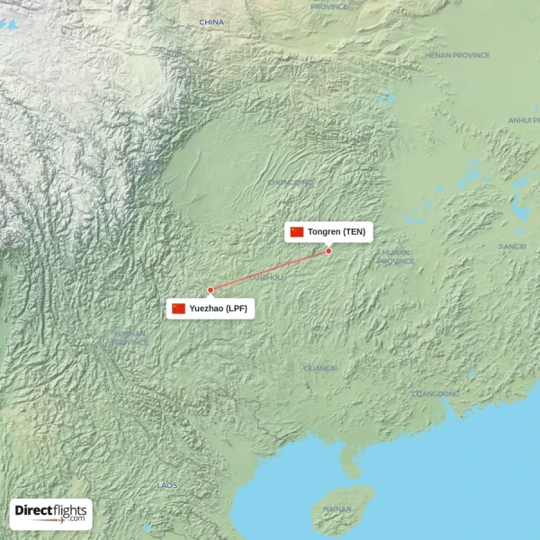 Tongren - Yuezhao direct flight map