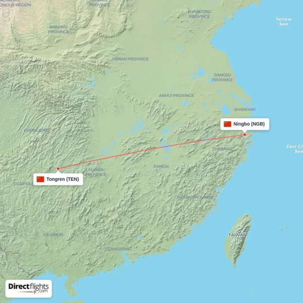 Tongren - Ningbo direct flight map