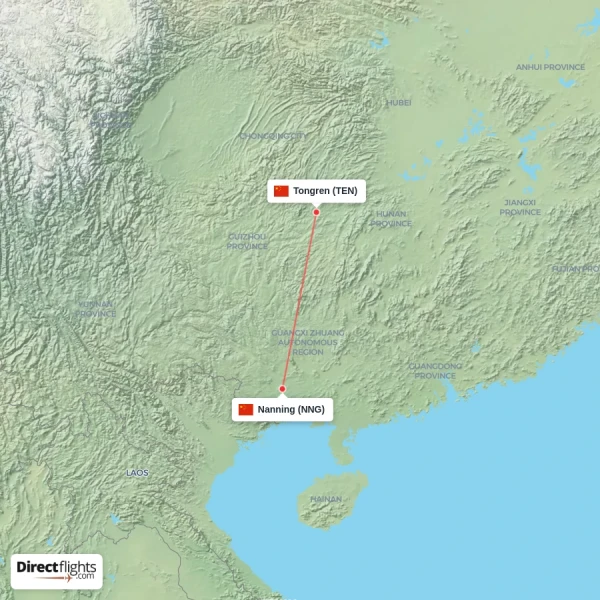 Tongren - Nanning direct flight map