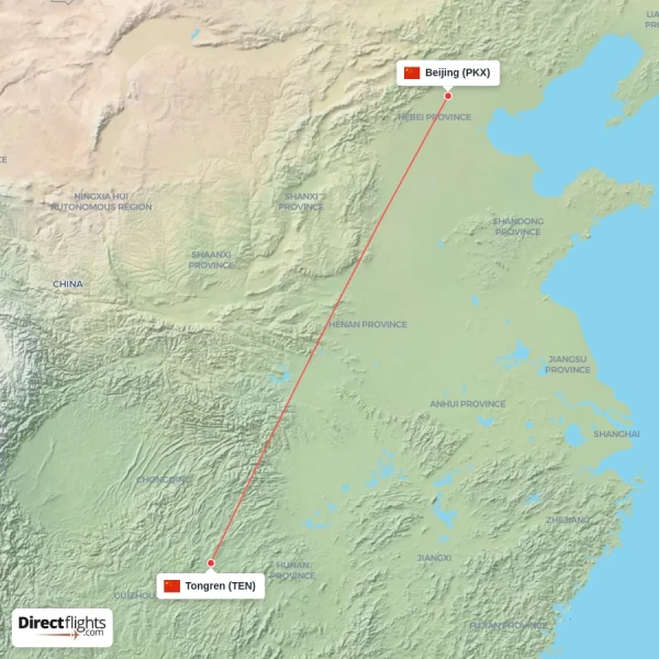Tongren - Beijing direct flight map