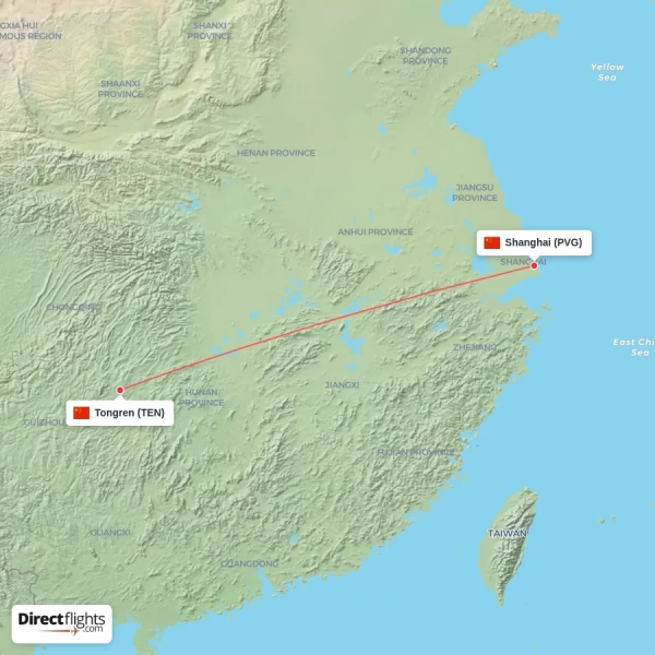 Tongren - Shanghai direct flight map