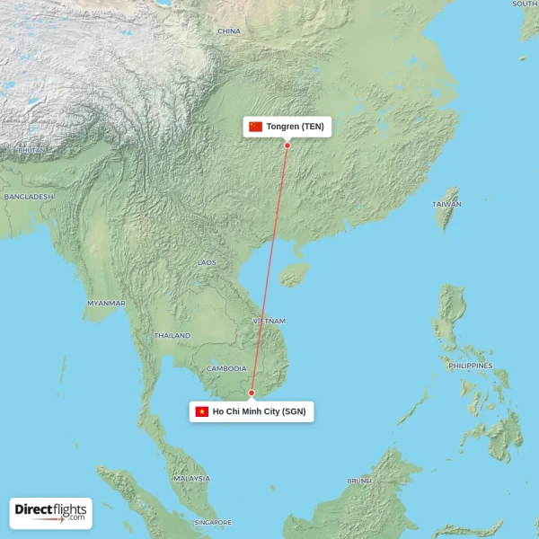 Tongren - Ho Chi Minh City direct flight map