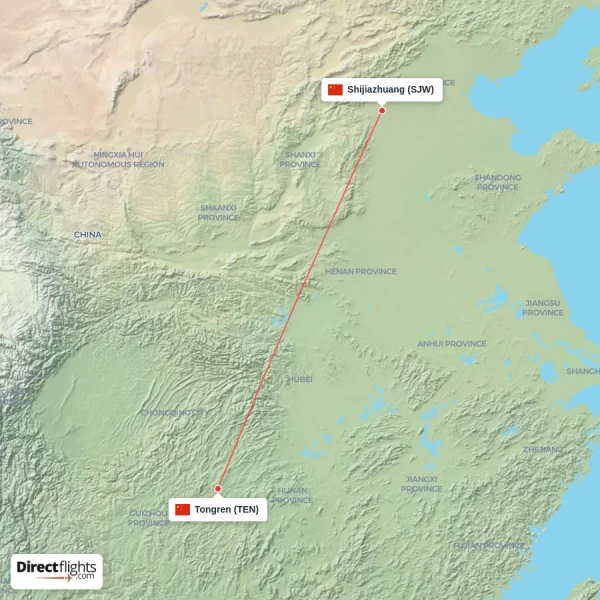 Tongren - Shijiazhuang direct flight map