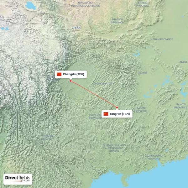 Tongren - Chengdu direct flight map
