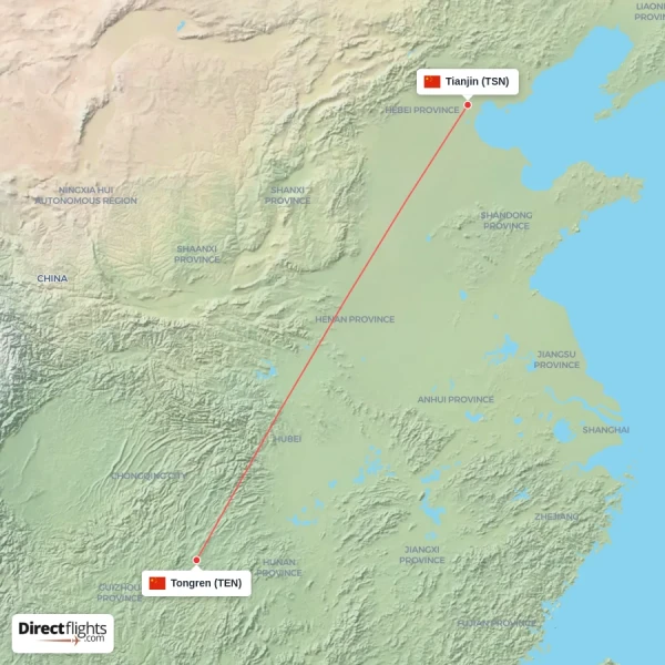 Tongren - Tianjin direct flight map