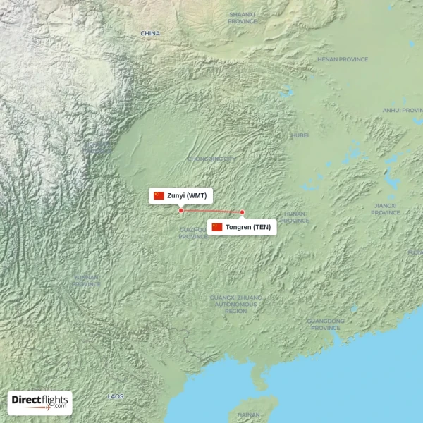 Tongren - Zunyi direct flight map
