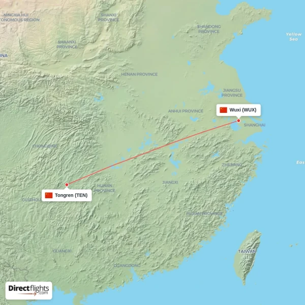 Tongren - Wuxi direct flight map