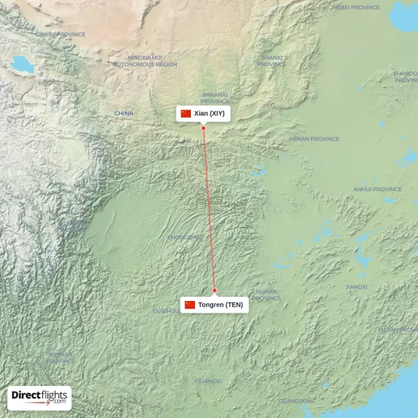 Tongren - Xian direct flight map