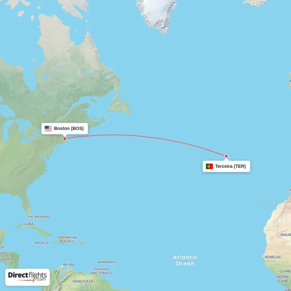 Terceira - Boston direct flight map