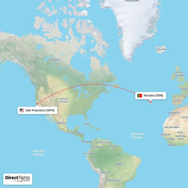 Terceira - San Francisco direct flight map
