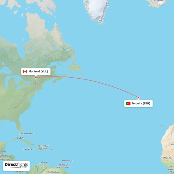Terceira - Montreal direct flight map
