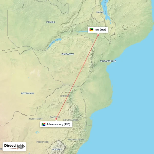 Tete - Johannesburg direct flight map