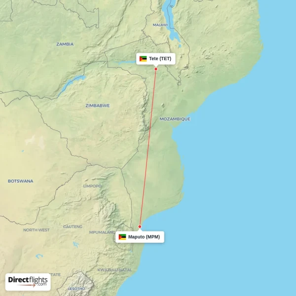 Tete - Maputo direct flight map