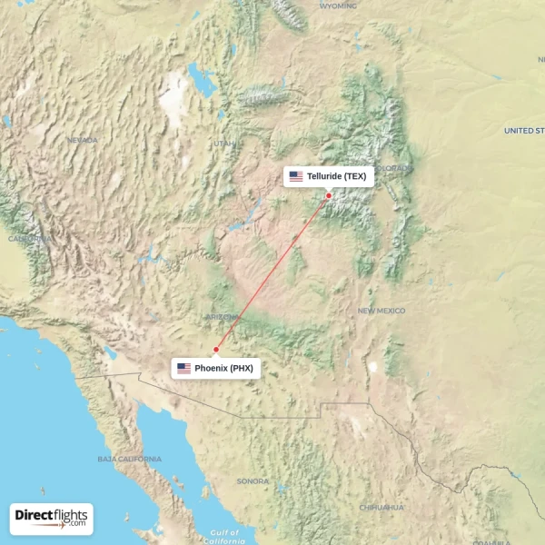 Telluride - Phoenix direct flight map