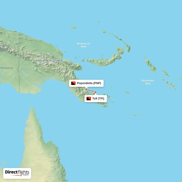 Tufi - Popondetta direct flight map