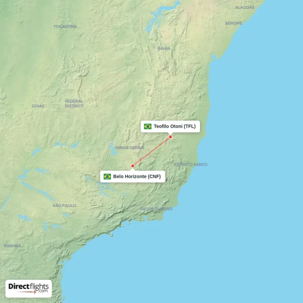 Teofilo Otoni - Belo Horizonte direct flight map