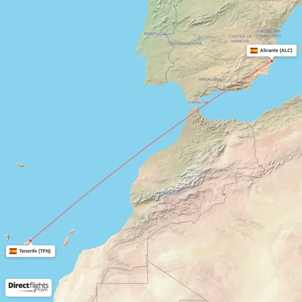 Tenerife - Alicante direct flight map