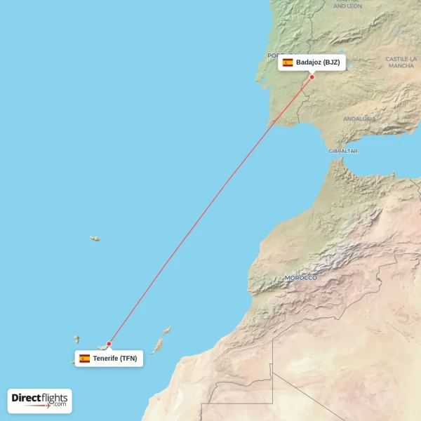 Tenerife - Badajoz direct flight map