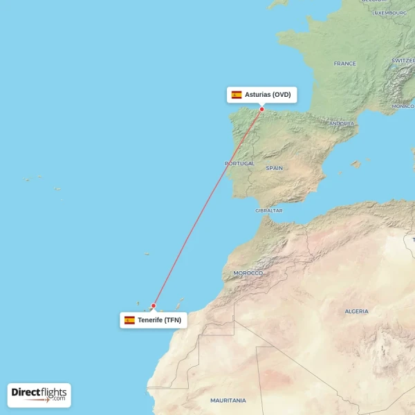 Tenerife - Asturias direct flight map