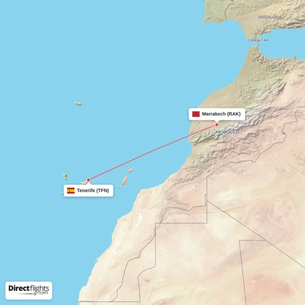 Tenerife - Marrakech direct flight map
