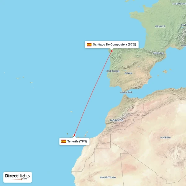 Tenerife - Santiago De Compostela direct flight map