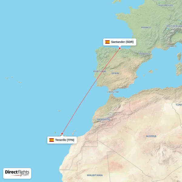 Tenerife - Santander direct flight map
